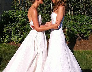 Chely Wright and Lauren Blitzer in their wedding gowns.
