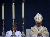 Pope Benedict XVI prays during the Mass held in Erfurt after the shooting incident.