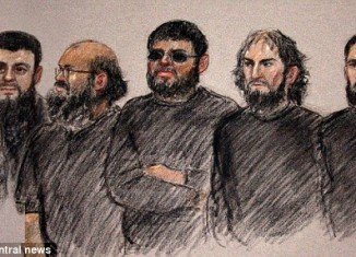 The six men who are accused of training in explosives, weapons and poisoning techniques: from left, Mohammed Rizwan, Bahader Ali, Ifran Nasser, Rahin Ahmed, Ifran Khalid and Ashik Ali