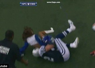 Jason Witten, a 6’6” NFL player weighing 265lbs, took down Melissa Kellerman, a cheerleader rooting for his own team, Dallas Cowboys