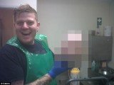 The sickening shot is understood to have been taken as 26-year-old David Amor worked in a mortuary to preserve the body of the dead man until his funeral could take place