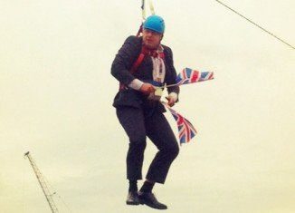 London’s Mayor Boris Johnson was left dangling on a zip wire for several minutes when it stopped working at an Olympic live screen event