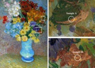 A layer of varnish added later to protect Van Gogh work Flowers In A Blue Vase is in fact turning the yellow to a greyish-orange color