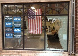 A large panel of glass was left shattered at Barack Obama’s campaign office on West Ninth Avenue near Acoma Street in Denver