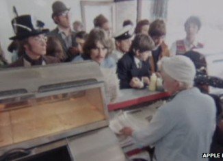 Previously unseen footage of The Beatles sharing fish and chips while filming their 1967 film Magical Mystery Tour