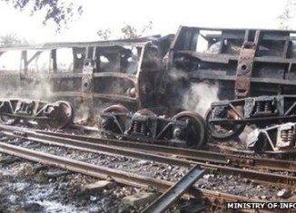 A train carrying liquid fuel has crashed and burst into flames near Kantbalu, central Burma, killing at least 25 people and injuring dozens
