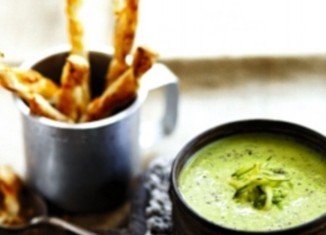 Pea and courgette soup with cheese straws