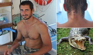Yoann Galeran has managed to escape a saltwater crocodile that latched on to his head as he swam in Australia's Northern Territory