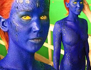 Jennifer Lawrence is covered in blue to record scenes in the Days of Future Past edition of X-Men franchise