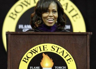 Michelle Obama debuted her new longer hairdo on Friday during her commencement address at Bowie State University