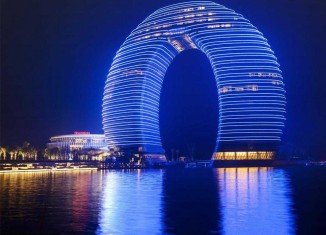 The 27-storey Sheraton Huzhou Hot Spring Resort, looms over the skyline of Huzhou, near Shanghai