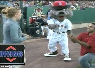 David was thrown a curve ball after asking his girlfriend Jessica to marry him at a New Britain Rock Cats minor league game in Connecticut