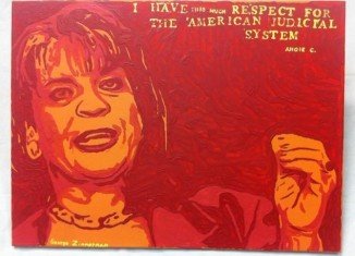 George Zimmerman’s artwork titled Angie uses shades of red and orange to depict northeast Florida state attorney Angela Corey