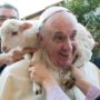 Pope Francis with baby lamb over his neck at Nativity scene in Rome