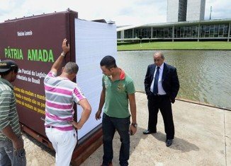 Giant book Patria Amada explaining Brazil's tax rules has been put on display in front of the National Congress in Brasilia