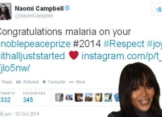 Naomi Campbell took to Twitter just hours after Malala Yousafzai was awarded the Nobel Peace Prize to add to her thoughts on the occasion